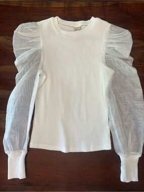 Anthropologie Dolan White Organza Puff-Sleeve Ribbed Top